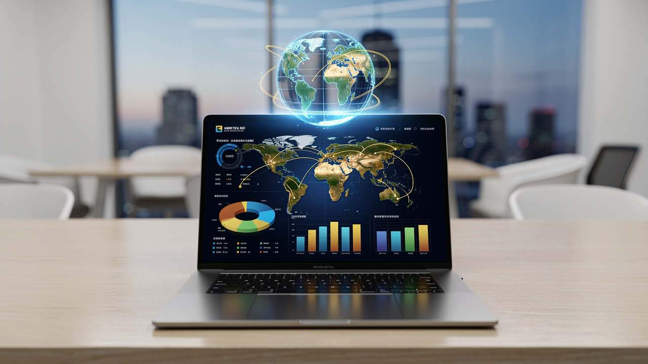 Modern laptop with holographic globe and business analytics