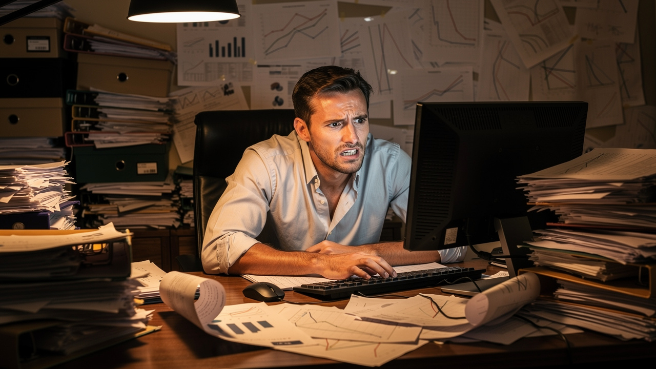 Stressed entrepreneur searching frantically on desktop computer in cluttered office