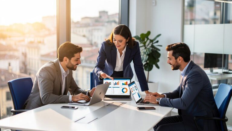 Sales team using CRM software in modern Italian office