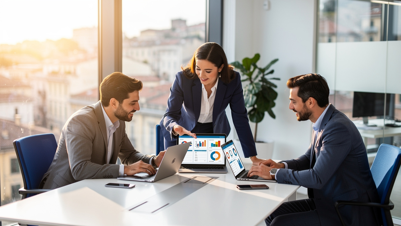 Sales team using CRM software in modern Italian office